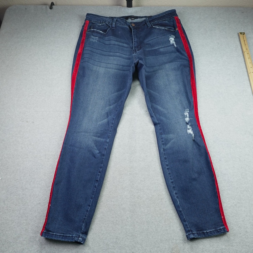 Judy Blue Jeans Womens 18W Blue Distressed Skinny Denim Red Velvet Strip